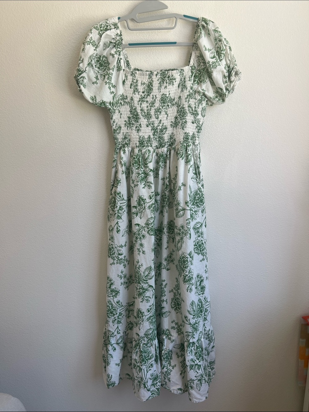 Green Floral Puff Sleeve Linen Blend Maxi Dress